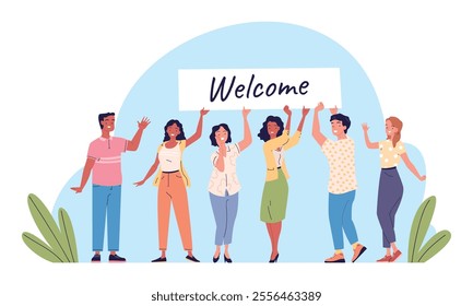 Employee team welcome. Business company or students team welcoming new member employees with hello banner overhead, job hiring concept people hugging staff group vector illustration original artwork