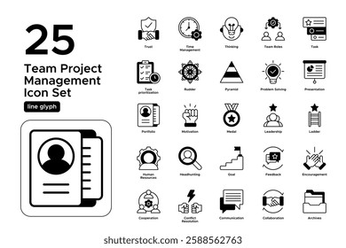 Employee Teamwork and Workplace Productivity. Collaboration, Office Discussion, and Strategy. Vector Illustration. Solid line icon set