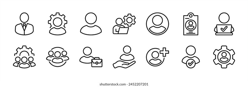 Employee thin line icon vector set. Containing people, user, Id card, working, group, recruitment, organization management, team, human resource, leader, agent, partnership, job, community, staff