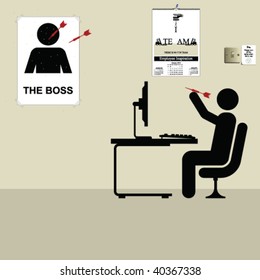 Employee throwing darts at a poster of the boss