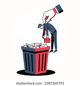 Employee thrown into the trash, flat cartoon. Suitable for career and business