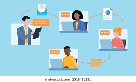 Employee tiles. Between them are icons of an open email, a document with a pie chart, and a folder with files. Vector graphics in flat design style.