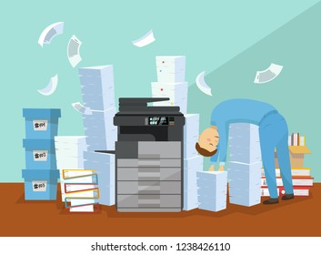 Employee is tired of paperwork and copying documents. Professional office copier, multifunction scanner printer printing paper with pile of documents, stack of papers. Flat cartoon vector illustration