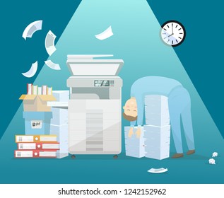 employee was tired of paperwork and lay down on a large stack of paper to rest. Evening at work. stay late at work Professional office copier, multifunction printer.Flat cartoon vector illustration.