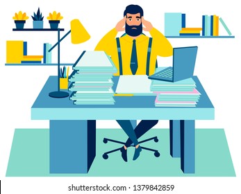 Employee tired at work. Confused in the documents. In minimalist style. Cartoon flat Vector Illustration