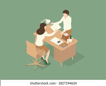 The employee was told by the boss to fix the job. Isometric Illustration about working on the table.