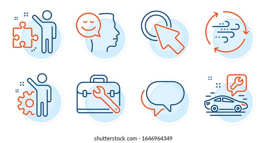 Employee, Tool case and Talk bubble signs. Strategy, Good mood and Click here line icons set. Car service, Wind energy symbols. Business plan, Positive thinking. Technology set. Vector