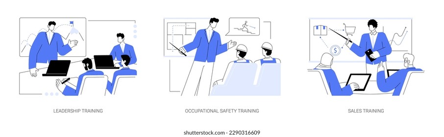 Employee training abstract concept vector illustration set. Leadership training program, occupational safety course, sales coaching, corporate business education, office lifestyle abstract metaphor.