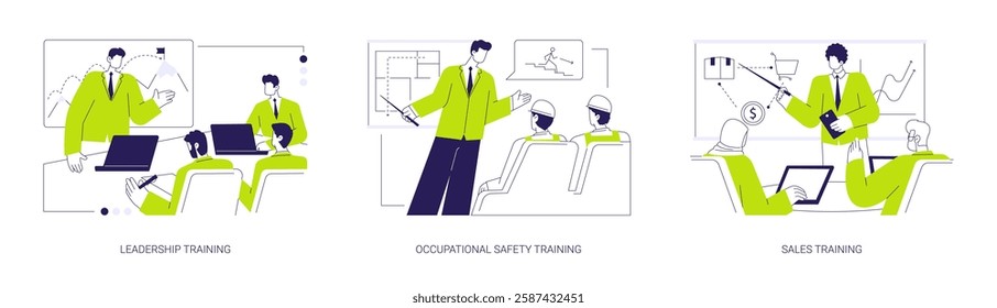 Employee training abstract concept vector illustration set. Leadership training program, occupational safety course, sales coaching, corporate business education, office lifestyle abstract metaphor.