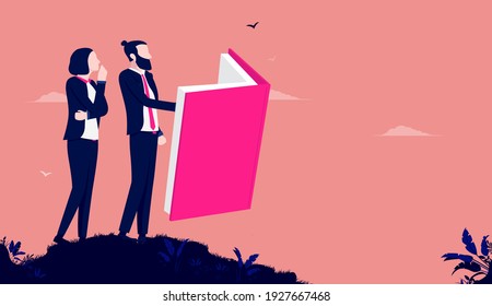 Employee training - Businessman and woman reading book and learning together. Coursed and education concept. Vector illustration.