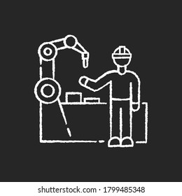 Employee training chalk white icon on black background. Manufacturing industry, professional production line maintenance. Factory worker near conveyor belt isolated vector chalkboard illustration