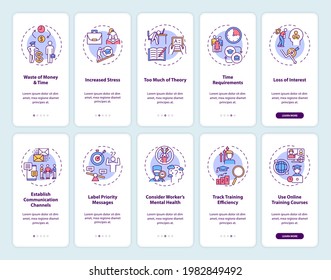 Employee training and development onboarding mobile app page screen with concepts set. Staff reboarding walkthrough 5 steps graphic instructions. UI vector template with RGB color illustrations