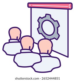 Employee Training icon represented by employees, gear, projector Lineal Color style.