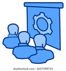 Empleado Icono de formación representado por empleados, equipo, proyector de estilo azul.