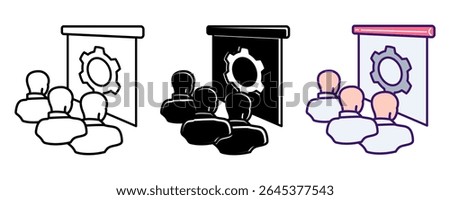 Employee Training icon represented by employees, gear, projector Line, Filled, Color style.