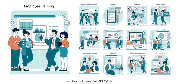 Employee training illustration highlights various aspects of professional development. It depicts training plans, skill analysis, collaboration, and resource development for effective learning