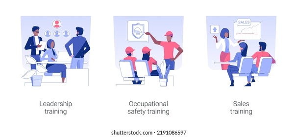 Employee training isolated concept vector illustration set. Leadership training program, occupational safety course, sales coaching, corporate business education, office lifestyle vector cartoon.