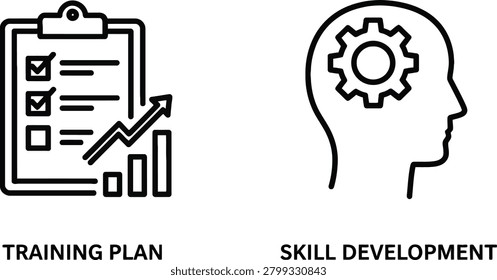 Employee training plan and skill development icons with training development education business learning checklist document professional performance