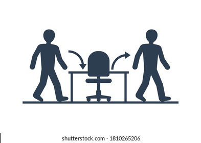 Employee turnover in human resources - act of replacing a worker with a new worker that measured as a percentage rate - two people icons (working staff) and office chair