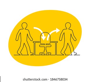 Employee turnover in human resources - act of replacing a worker with a new worker that measured as a percentage rate - two people icons (working staff) and office chair inside yellow bubble