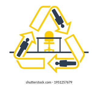Employee turnover in human resources as recycling emblem - act of replacing a worker with a new one, that measured as percentage rate - two people icons with working staff and office chair