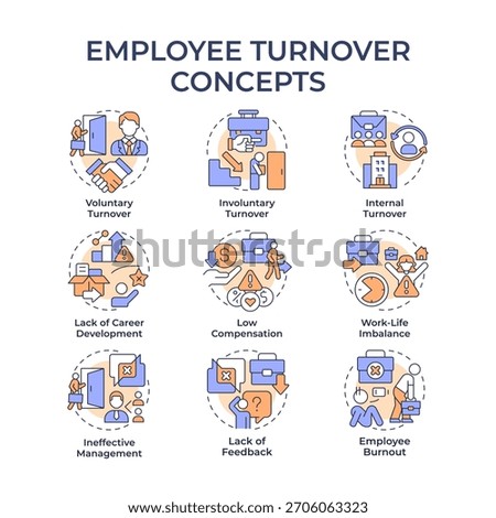 Employee turnover multi color concept icons. Company staff recruitment and dismissing. HR department work. Icon pack. Vector images. Round shape illustrations for brochure. Abstract idea