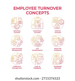 Iconos de concepto de gradiente rojo de rotación de empleados. Contratación y despido de personal de la empresa. Trabajo del departamento de RRHH. Paquete de iconos. Imágenes vectoriales. Ilustraciones de forma redonda para folleto. idea Abstractas