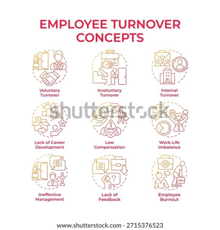 Employee turnover red gradient concept icons. Company staff recruitment and dismissing. HR department work. Icon pack. Vector images. Round shape illustrations for brochure. Abstract idea