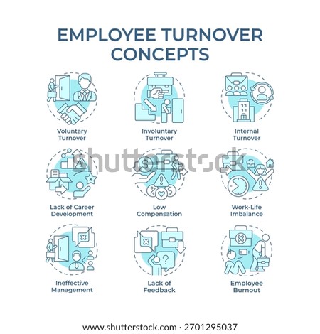 Employee turnover soft blue concept icons. Company staff recruitment and dismissing. HR department management. Icon pack. Vector images. Round shape illustrations for brochure. Abstract idea