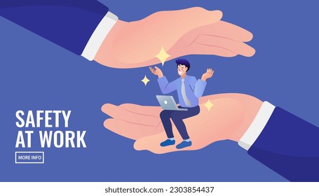 Employee under leader protection. Safety and health at work. Tiny Office man Character Sitting at Huge Hand Covered with Protected. Benefits of Working in Company Workplace. Vector Illustration.