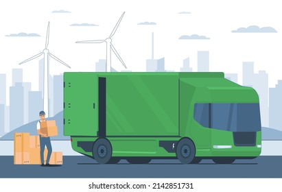 An employee unloads boxes from an electric truck. Vector illustration.