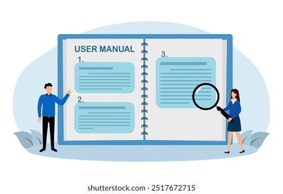 Funcionário com manual do guia do usuário ou manual em ilustração de vetor de design plano.