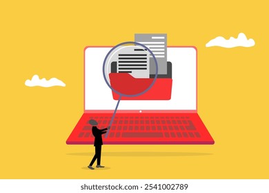 Employee uses magnifying glass search file. concept of documents, file manager, data storage and indexing