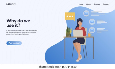 Employee using laptop and speaking. Woman sitting at workplace, computer, video call vector illustration. Business, work on project concept for banner, website design or landing web page