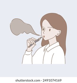 Employee with vape in office smoking area. Woman holding electronic cigarette for vaping and blowing smoke from mouth. Hand drawn flat cartoon character vector illustration.