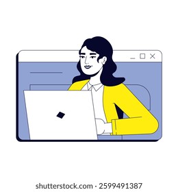 Employee vector illustration concept. Remote work, modern technology. Businesswoman typing on laptop inside web window stylized cartoon character isolated on white. Flat 2D line art