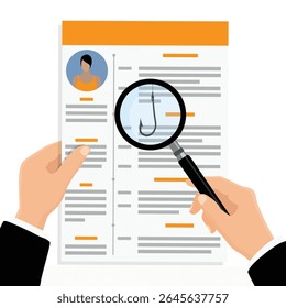 Employee verification concept. Magnifying glass with hidden phishing hook inspecting documents, resume or CV. Fraud detection, HR screening and recruitment risk. Phishing threat during hiring process.