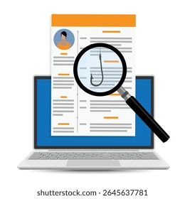 Employee verification concept. Magnifying glass with hidden phishing hook inspecting documents, resume or CV. Fraud detection, HR screening and recruitment risk. Phishing threat during hiring process.