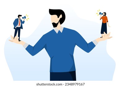 employee voice concept, listening to colleague's opinion or idea, choosing to believe the truth, fact or wild team member, manager or boss entrepreneur listening to employee scream in both hands.