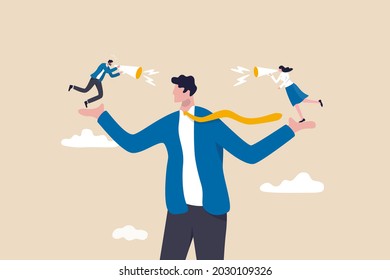 Employee voice, listen to colleague opinion or idea, choose to believe in truth, fact or liar team member concept, businessman manager or boss listening to employees shouting on both his hands.