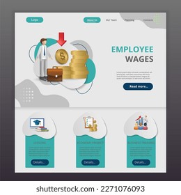 Employee wages flat landing page website template. Lessons, economy project, business training. Web banner with header, content and footer. Vector illustration.
