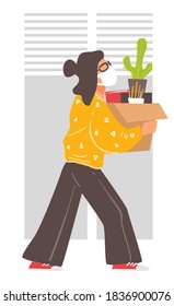 Employee walking with box with personal belonging. Female character leaving office during quarantine. Coronavirus disease outbreak and spreading. Going home for freelancing and safety, vector in flat