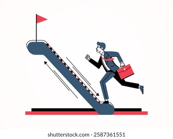 Employee walking on escalator, flat cartoon. Suitable for career and business