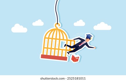 An employee wearing a graduation cap jumps with a book from a cage, illustrating graduating from a scholarship provided by the company
