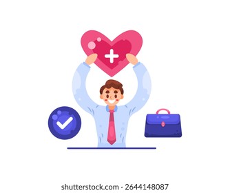 employee welfare and health concept. employee health, safety and protection support. illustration of a male employee holding a heart symbol. briefcase and check mark symbol. flat style design
