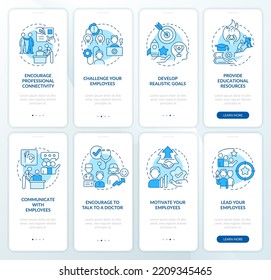 Employee wellbeing blue onboarding mobile app screen set. Wellness walkthrough 4 steps editable graphic instructions with linear concepts. UI, UX, GUI template. Myriad Pro-Bold, Regular fonts used