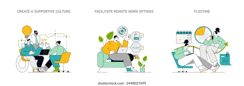 Concepto de bienestar del empleado. Entorno de equipo colaborativo, configuración remota del trabajo y equilibrio entre la vida laboral y personal con horario flexible. Nutrir la satisfacción de los empleados. Ilustración vectorial.