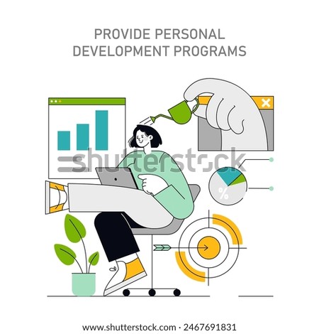 Employee Well-being concept. Displays an engaged employee enhancing skills through a personal development program. Focus on continuous learning and growth. Vector illustration.
