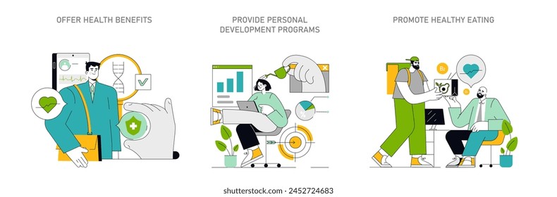 Employee well-being concept. Health benefits, personal growth, and nutritious food at work illustrated. Investing in employee health and development. Vector illustration.