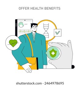 Employee well-being concept. Highlights the provision of health benefits with a focus on wellness and preventive care in the workplace. Vector illustration.